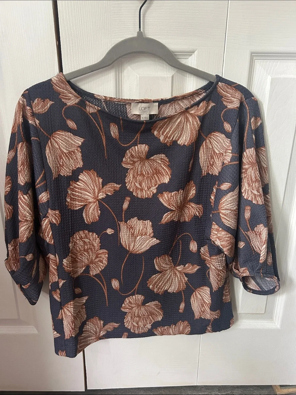 Loft Women's Navy Blue Floral Puff-Sleeve Top - chestnut Print